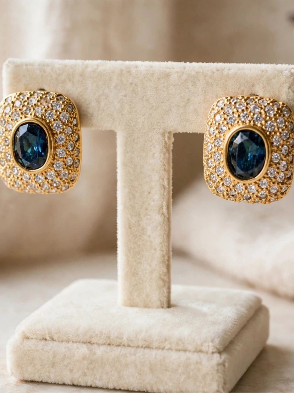 Vtg. ROMAN Gold Tone Pave Crystal Dome Stud Earrings Montana Blue Art Glass 80’s